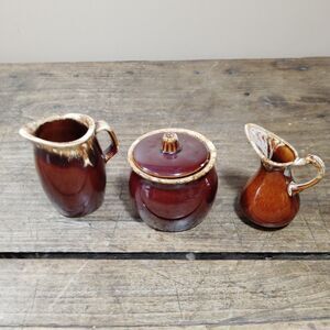 Vintage Rich Brown Drip Glaze Mini Pitcher Creamer Syrup Dish Lid Farmhouse Lot